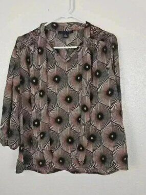 Abstract Print V Neck Blouse Tie Collar Peasant Long Sleeve Small